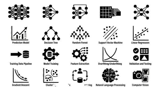 A collection of machine learning icons illustrates concepts like neural network, decision tree, random forest, support vector machine, linear regression, training data pipeline, model training.