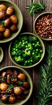Healthy vegetable side dishes with broccoli peas roasted potatoes beans and rosemary on rustic wooden table