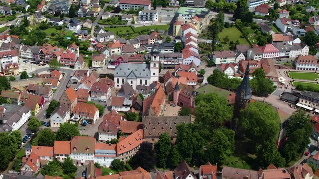 Aerial view of the old town of the city Erbach im Odenwald in Germany. On a sunny spring day.
