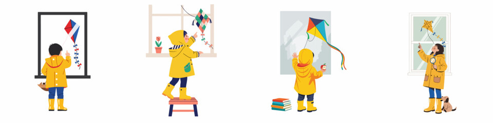 Set of four illustrations featuring children in yellow raincoats and boots, playing with kites and looking through windows in a flat vector style.