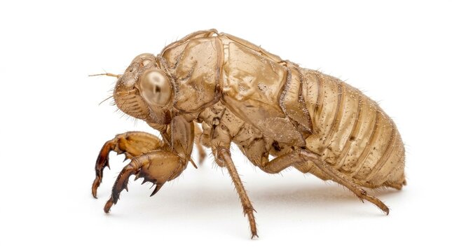 Cicada shell exuviae resting on white background in sharp macro focus for educational biology marketing