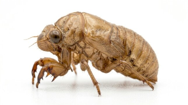 Cicada shell exoskeleton resting on white background in macro sharp focus studio shot for biology education marketing