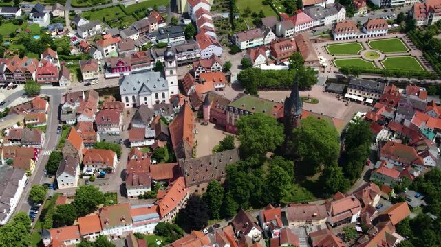 Aerial view of the old town of the city Erbach im Odenwald in Germany. On a sunny spring day.

