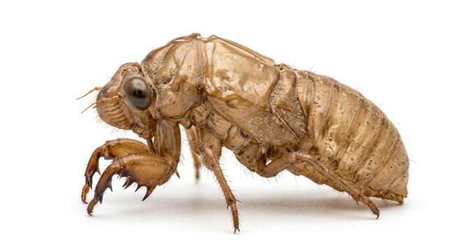 Cicada nymph husk standing on bright white background in sharp macro focus for scientific entomology studies