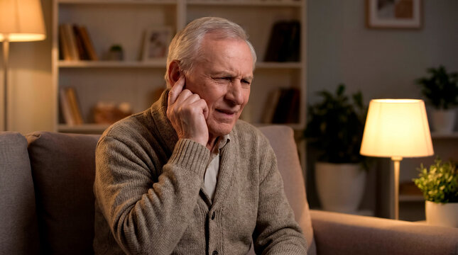 Elderly man experiencing ear pain and discomfort while sitting on a couch at home