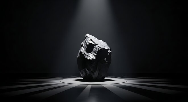 Large mineral specimen on illuminated pedestal in dark room with spotlight