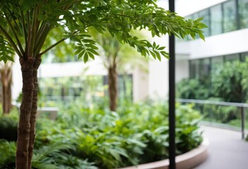 Fototapeta premium Vibrant green houseplant leaves growing on a modern building terrace