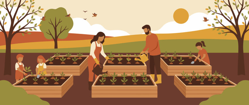 Vibrant flat vector illustration of a happy family planting healthy organic vegetables in a wooden raised bed garden during a sunny spring day, promoting sustainable outdoor hobby lifestyle.