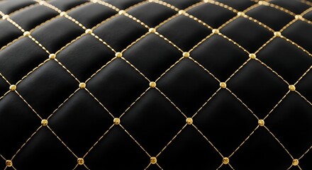 Fototapeta premium Black tufted upholstery fabric with gold stitching and buttons closeup