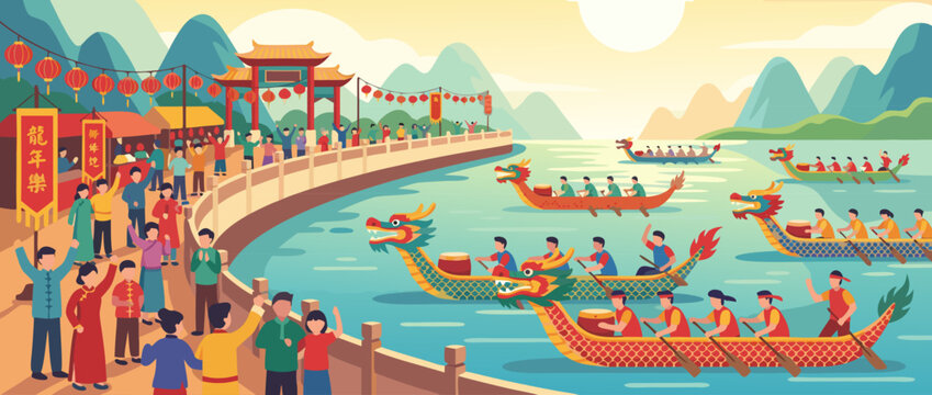 Vibrant flat vector illustration of a traditional Chinese dragon boat festival featuring ornate boats racing on a river with spectators cheering from the banks under a clear blue sky.