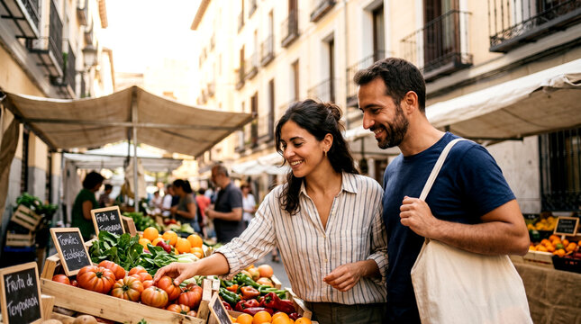 Pareja espa&ntilde;ola compra verduras org&aacute;nicas en mercado de Madrid