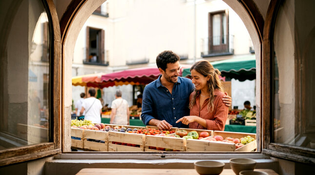 Pareja espa&ntilde;ola compra verduras org&aacute;nicas en mercado de Madrid