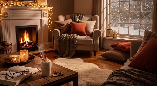 Cozy winter living room with fireplace and hot cocoa