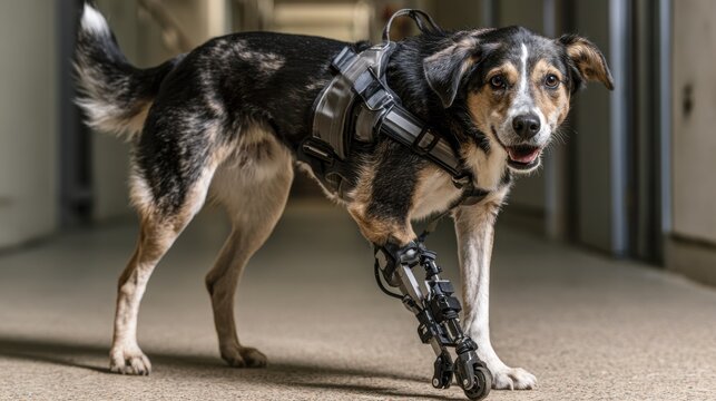 Mixed breed dog with prosthetic leg and harness in rehabilitation center hallway for veterinary rehab design, poster, background