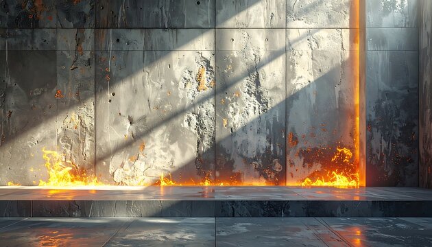 A dimly lit concrete room with flames rising