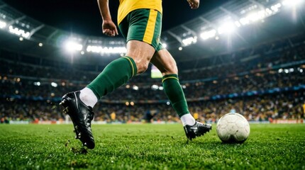 Naklejka premium Soccer player legs dribbling ball on grass pitch under stadium floodlights in sharp focus low angle shot for professional sports marketing