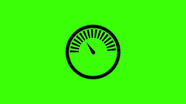 Minimalist speedometer gauge icon animation on green background showing needle movement from left to right representing performance speed and acceleration.