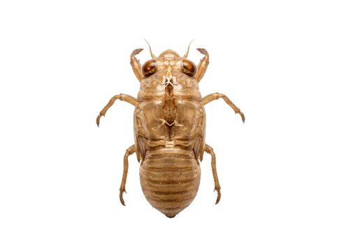 Cicada shell exuvia lying on white background in sharp focus macro shot for biological science and educational textbook marketing