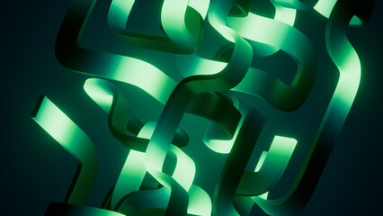 Intertwined glowing green ribbons create a dense futuristic abstract pattern. Bold 3D background for innovation, motion, and digital technology concepts. © wacomka