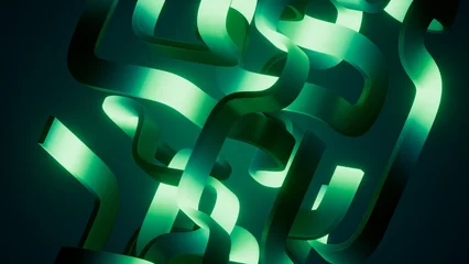 Intertwined glowing green ribbons create a dense futuristic abstract pattern. Bold 3D background for innovation, motion, and digital technology concepts. © wacomka