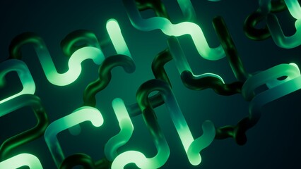 Obraz premium Neon green curved paths form an energetic abstract network in 3D. Ideal background for data, communication, and futuristic technology visuals.