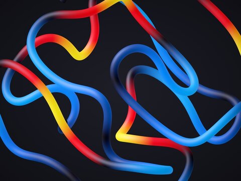 Colorful, glowing tubes twist and loop against a dark background, creating a dynamic, abstract design. 3d render illustration.