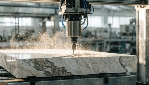 Medium shot of CNC router carving precise edges on a large kitchen stone countertop dust particles flying as the machine shapes smooth surfaces for installation.