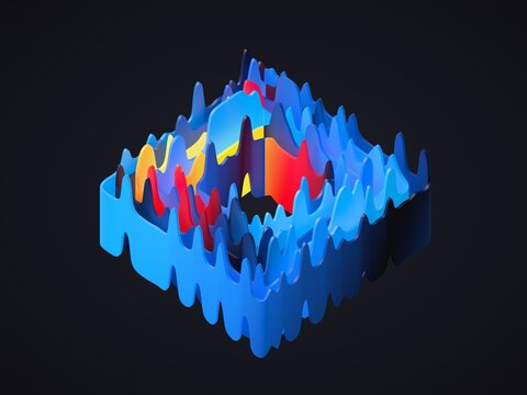 A colorful 3D isometric map with jagged peaks in blue, red, yellow, and orange against a dark background. 3d render illustration.