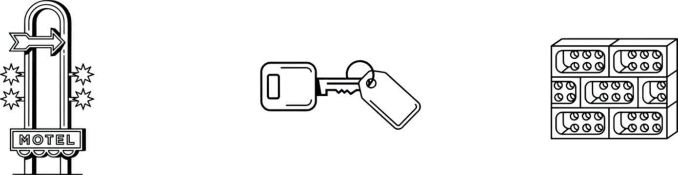Bicycle Touring and Bikepacking Gear Set with Rear Pannier Bag Luggage Rack Hand Pump and Repair Patch Kit Line Art Icons
