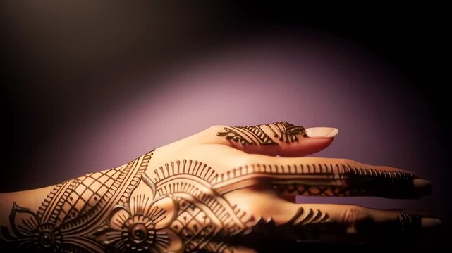 Intricate henna design on woman's hand with soft lighting
