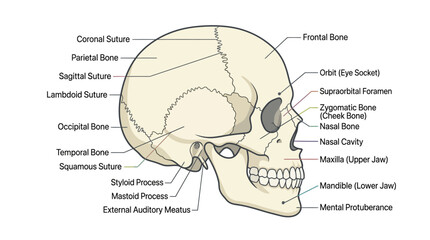 Detailed anatomical illustration of a human skull with labeled bones and features on a plain white background. © Dhiyak