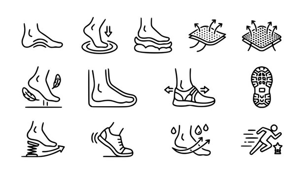Shoe Comfort and Performance Feature Outline Icons Set with Arch Support Cushioning and Shock Absorption