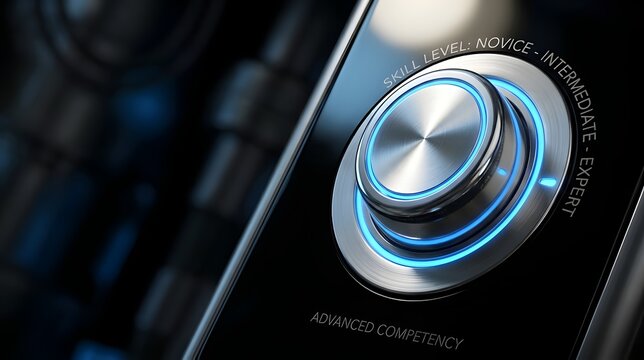 Futuristic glowing metallic dial adjusting skill level from novice to expert concept

