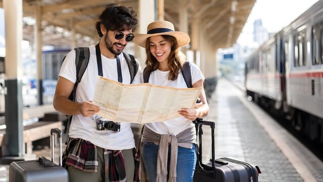 Traveling couple at train station