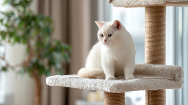 White cat on cat tree by window in cozy home interior for pet lifestyle and cat furniture background for social media banner and design