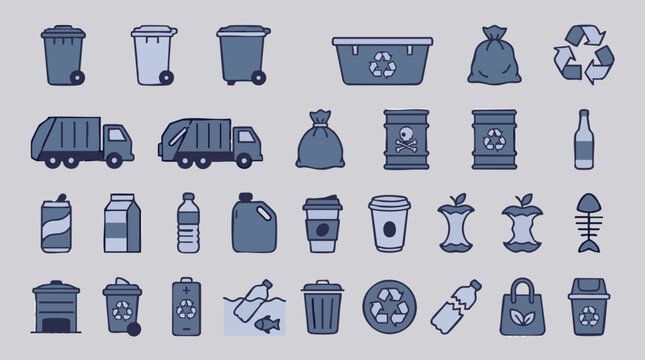 Set of flat line icons for waste management and recycling