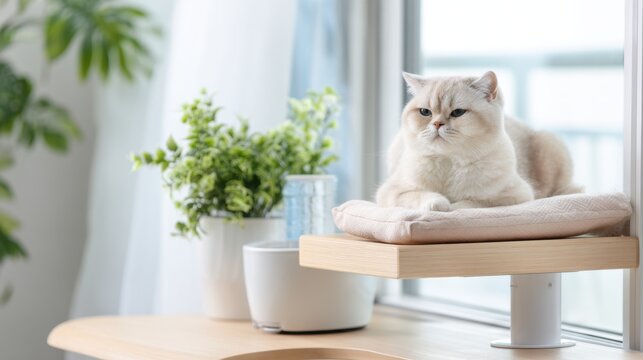 Cream british shorthair cat on padded perch by window with houseplant for interior decor, pet blog header and social media background