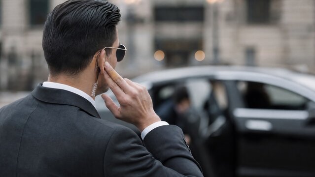 Bodyguard with Earpiece and Sunglasses Near Executive Car
