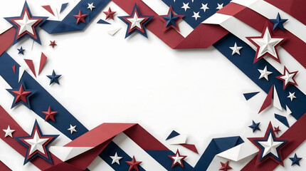 Obraz premium A creative paper craft background featuring layered dimensional stars and geometric stripes in red, white, and blue forming an artistic frame with central copy space on a white background.