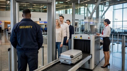 Fototapeta premium Airport Security Checking Travelers and Luggage