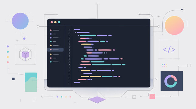 Sleek abstract programming code window interface in a flat vector illustration, showcasing a clean digital workspace for developers, software engineering concepts, modern technology themes.