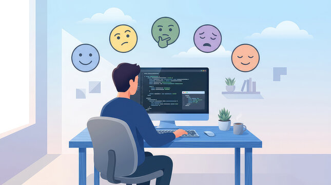 Programmer working at desk with emoji faces floating above