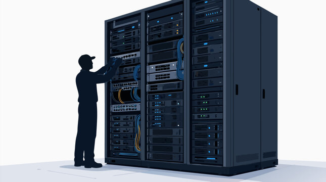 Professional faceless engineer maintaining a massive server rack in a data center, flat vector illustration of cloud computing, network infrastructure, and information technology services.