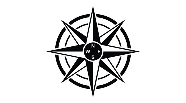 Simple black and white vector illustration of a classic nautical compass rose featuring sharp pointed star edges designed for clean professional navigation and travel graphic projects