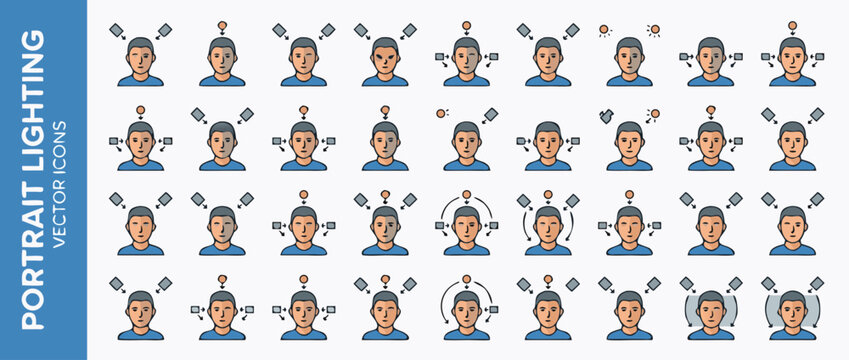 Extensive Vector Icon Collection of 32 Portrait Photography Lighting Equipment, Featuring Flat Design Icons of Softboxes, Reflectors, and Studio Gear for Professional Photographers and Videographers.