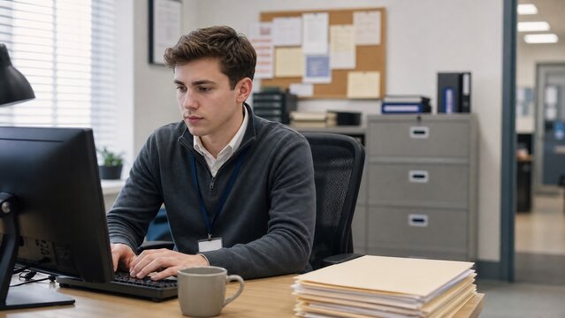 Focused Young Professional Working on Computer in Office