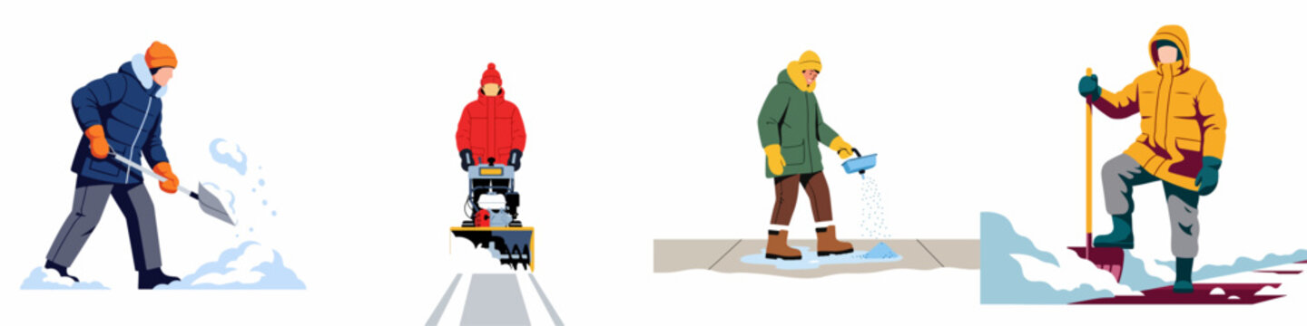 Collection of illustrations depicting people clearing snow using shovels, a snow blower, and salt to maintain safe walkways during a cold winter season.