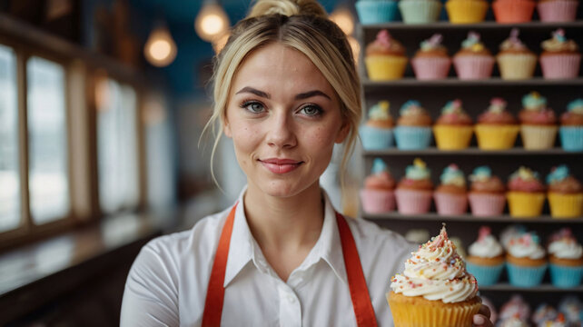 Portrait of a successful female entrepreneur and small business owner in her artisan bakery. Confident bakery owner standing among freshly made cupcakes