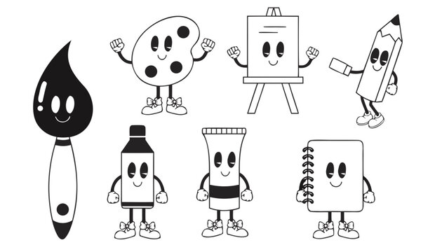 Very beautiful black-and-white cartoon character set featuring a paint brush, palette, easel, pencil, marker, paint tube, and sketchbook with charming smiles, detailed linework, artistic mascot expres