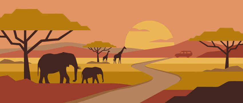 Flat vector illustration of a majestic wildlife safari savanna scene featuring elephants and giraffes at golden hour with a warm sunset glow over the African landscape and acacia trees in the wild.